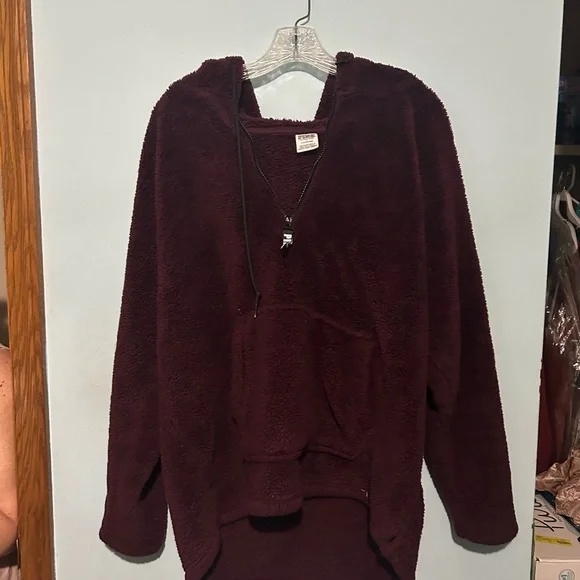 PINK Victoria's Secret Burgundy Cozy Fleece Hoodie 3/4 Zip - Picture 1 of 3